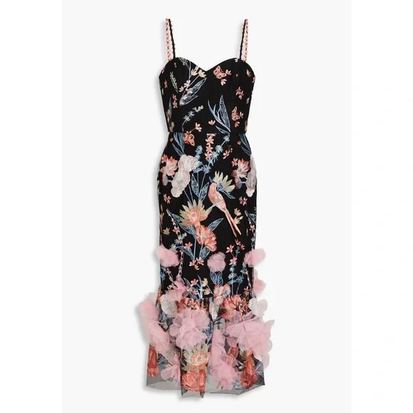 rachel green yellow embroidered dress Marchesa Floral Bouquets Embroidered Silk Organza with Metallic Threadwork  - Off-White/Light Silver